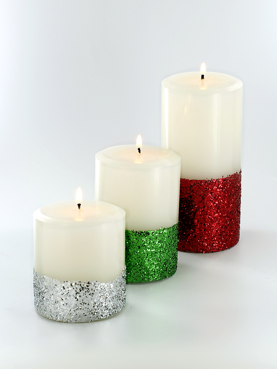 Holiday Glitter Pillar Candles